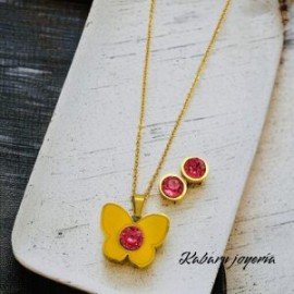 Conjunto acero inoxidable mariposa amarilla piedra rosa