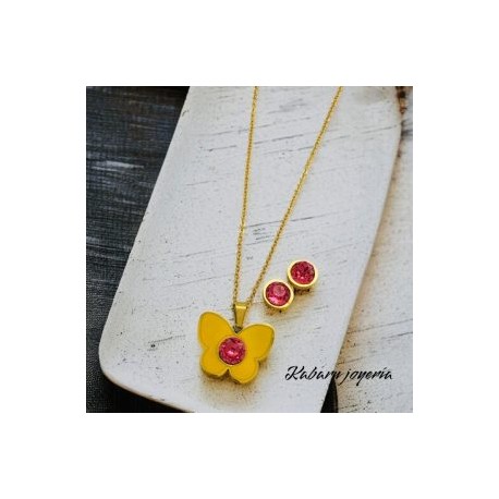 Conjunto acero inoxidable mariposa amarilla piedra rosa