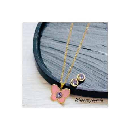 Conjunto acero inoxidable mariposa rosa