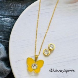 Conjunto acero inoxidable mariposa amarilla piedra blanca