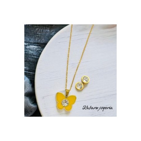 Conjunto acero inoxidable mariposa amarilla piedra blanca