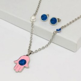 Conjunto acero inoxidable color plata mano Fátima rosa