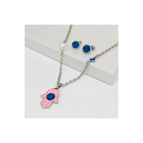 Conjunto acero inoxidable color plata mano Fátima rosa